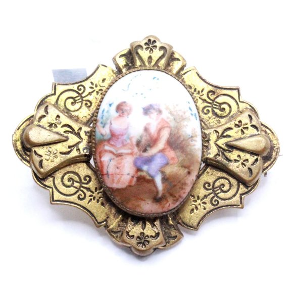 Antique Art Deco Hand Painted Porcelain Courtship Cabochon Pin - Picture 2 of 6